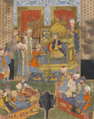 Lohrasp enthroned<br />
 <br />
Safavid: Shiraz, 1540s <br />
Opaque watercolour, ink and gold on paper<br />
<br />
Cambridge, Fitzwilliam Museum