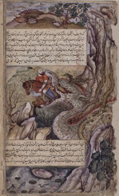 Bahman-Ardeshir swallowed by a dragon<br />
Abu Tahir Mohammad b. Hoseyn al-Tarsusi, Darabnameh <br />
Mughal, c.1580-1585<br />
Opaque watercolour, ink and gold on paper<br />
<br />
London, British Library