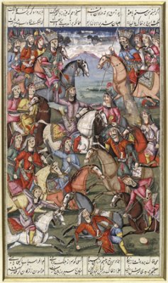  The second battle of Key Khosrow and Afrasiyab<br />
<br />
Qajar, second quarter of the 19th century<br />
Opaque watercolour and ink on paper<br />
Wellcome Institute