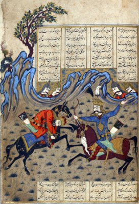 Bahram Chubineh kills Saveh Shah<br />
Safavid: Astarabad or Esfahan, July 1643<br />
Scribe: Hajji Mohammad b. Nur al-Din Mohammad Dasht-e Bayazi  <br />
Patron: Mirza Mohammad Taher Beyg<br />
Opaque watercolour, ink and gold on paper<br />
<br />
Cambridge, Corpus Christi College