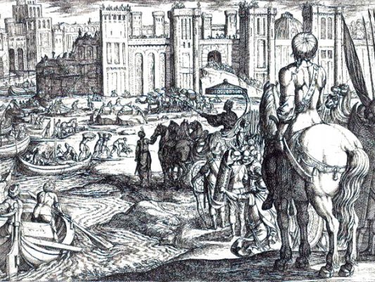دیوارهای بابل اثر آنتونیو تمپستا (۱۶۰۸)، در این نقاشی سمیرامیس فرمان می دهد که دیوارهای دفاعی بابل ساخته شود.