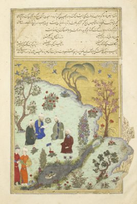 Ferdowsi encounters the court poets of Ghazni<br />
<br />
Safavid: Shiraz, 10 August 1560<br />
Scribe: Hasan b. Mohammad Ahsan<br />
Opaque watercolour, ink and gold on paper<br />
<br />
London, British Library
