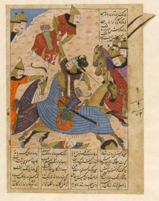 Rostam lifts Afrasiyab of Turan by the belt<br />
	<br />
Timurid: Shiraz, c.1435-1440<br />
Opaque watercolour, ink and gold on paper<br />
<br />
Cambridge, Fitzwilliam Museum